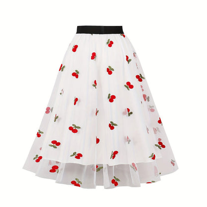 Plus Size High Waist A-Line Skirt with Cherry Embroidery