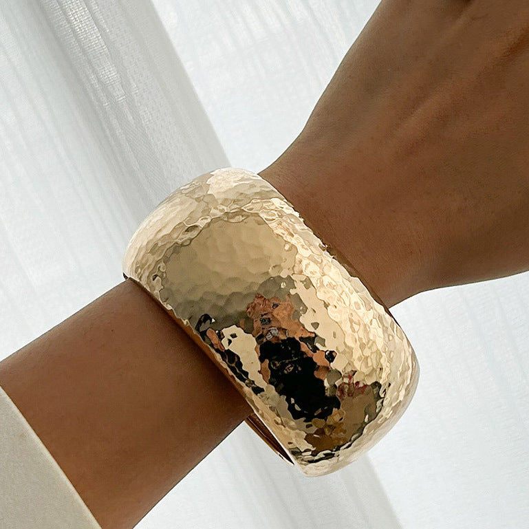 Trendy Wide Band Hammered Finish Bracelet Set