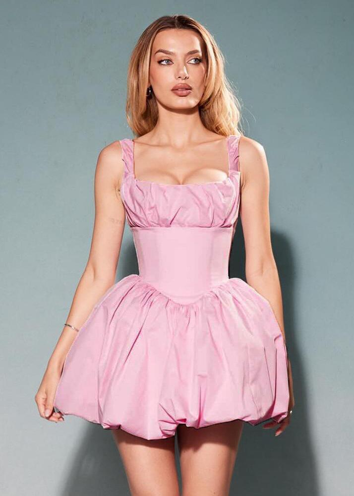 Bubble Skirt Mini Dress Pink Polyester