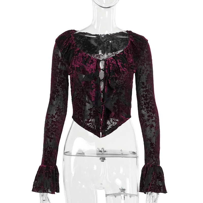 Chic V-Neck Long Sleeve Top with Ruffle Edges