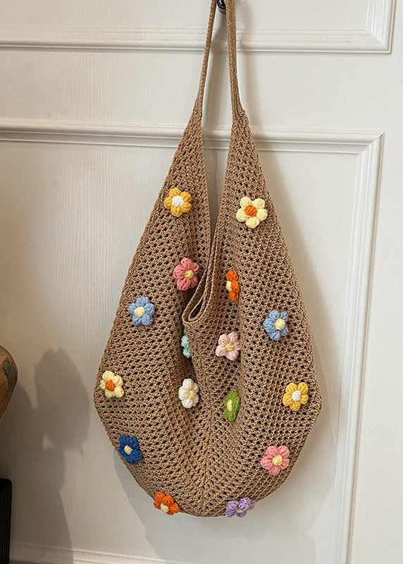 Crochet Shoulder Bag with Colorful 3D Floral Accents
