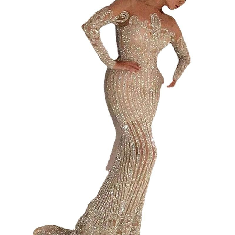 Elegant Gold Sequin Maxi Dress For Evening Wear