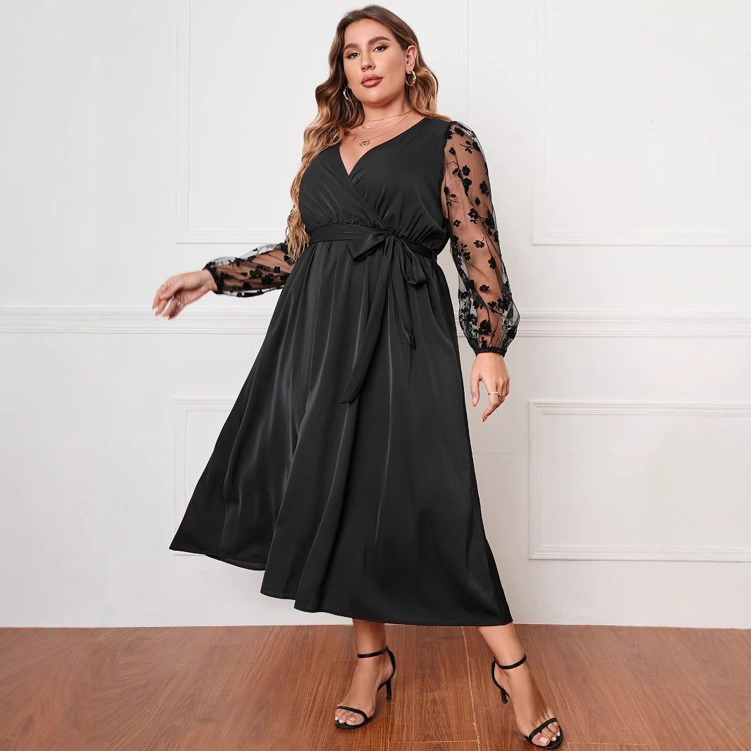 Fashionable Long Sleeve Loose Plus Size Dress With Geometric Pattern