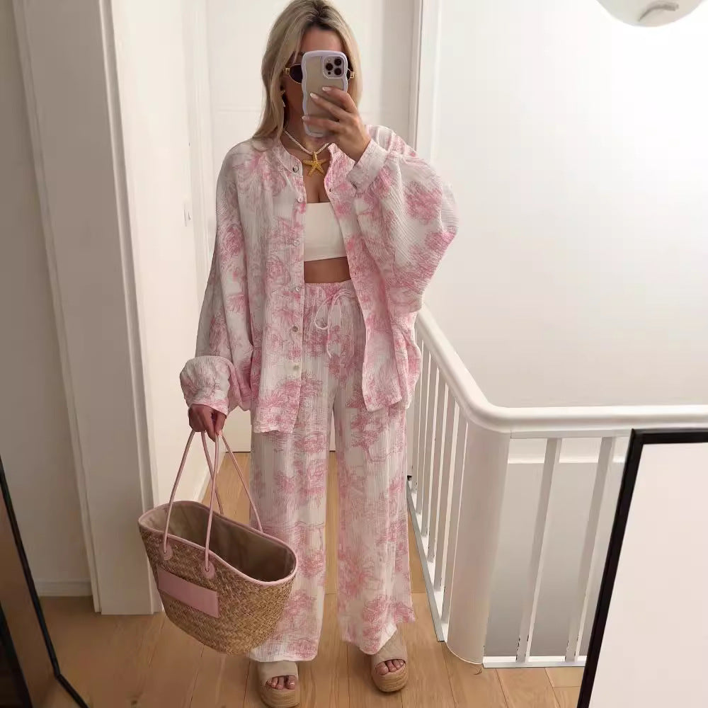 Casual Print Shirt Loose Pants Sets