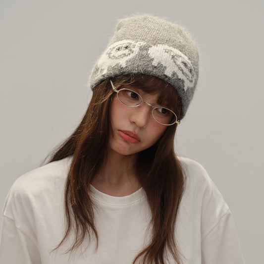 Cute Knitted Rabbit Hair Blend Beanie Hat for Women