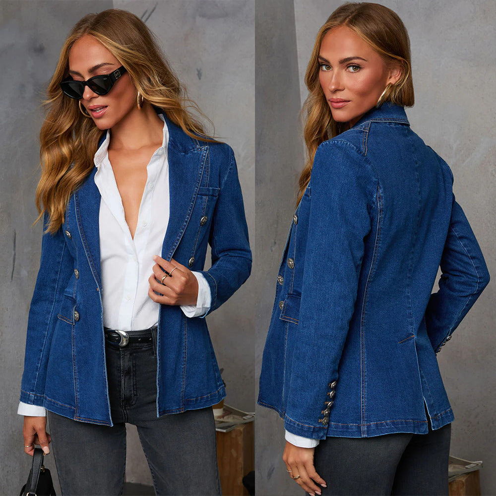 Trendy Casual Wash Blue Denim Blazer for Women