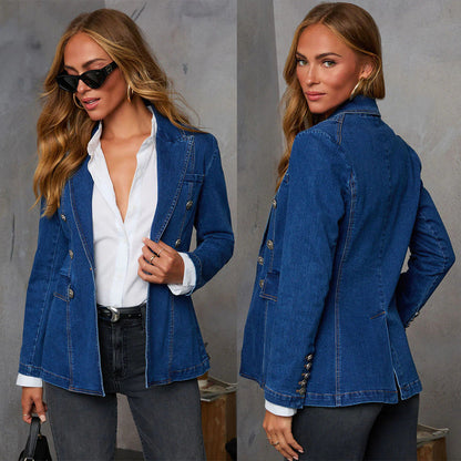 Trendy Casual Wash Blue Denim Blazer for Women