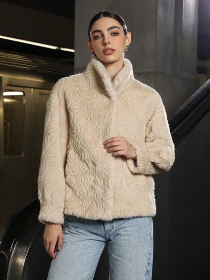 Ribbed High Neck Long Sleeve Faux Fur Jacket Women