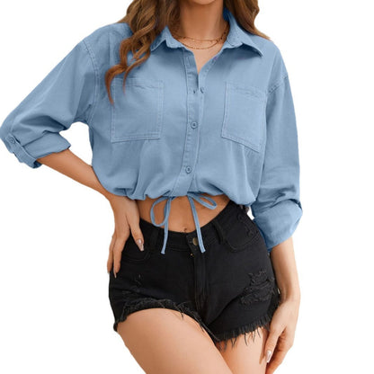 Women’s Casual Loose-Fit Denim Shirt with Double Pockets