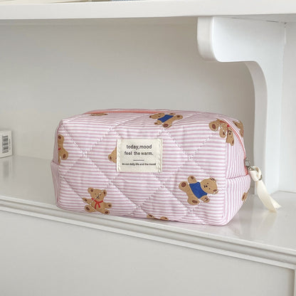 Cute Pink Striped Bear Makeup Bag Portable Cartoon Toiletry Pouch