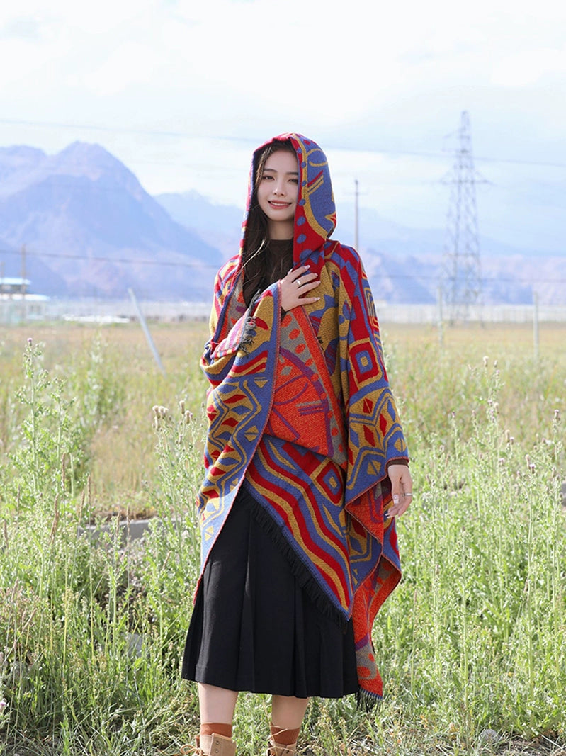 Autumn And Winter Ethnic Bohemian Warm Big Shawl Hooded Cape Scarf