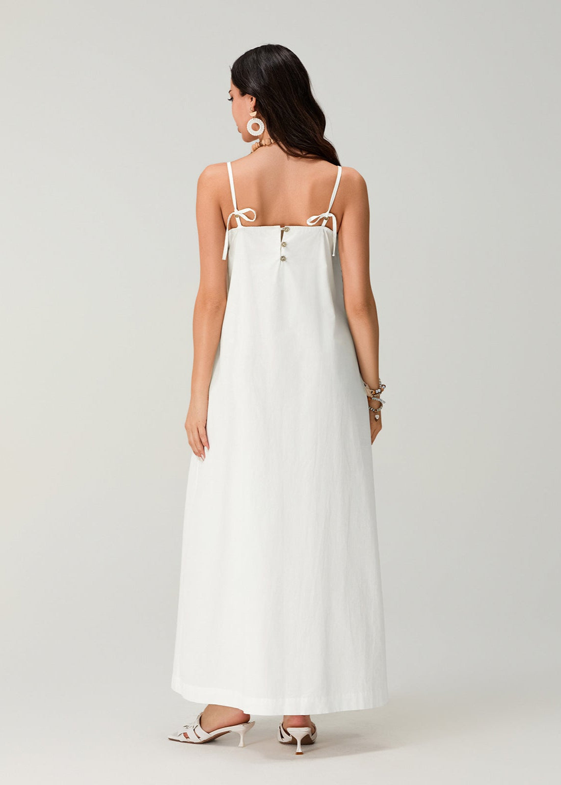 White Linen Cotton Pleated Maxi Sundress