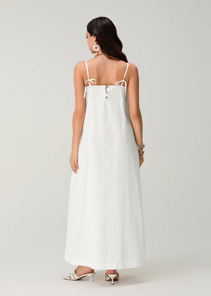 White Linen Cotton Pleated Maxi Sundress
