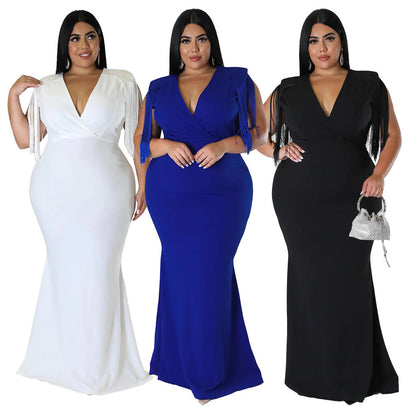 Elegant V-Neck Long Sleeve Dress With Fringe Detail