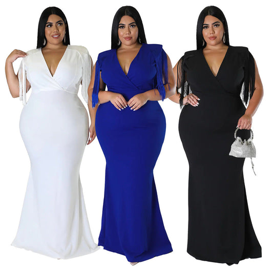 Elegant V-Neck Long Sleeve Dress With Fringe Detail
