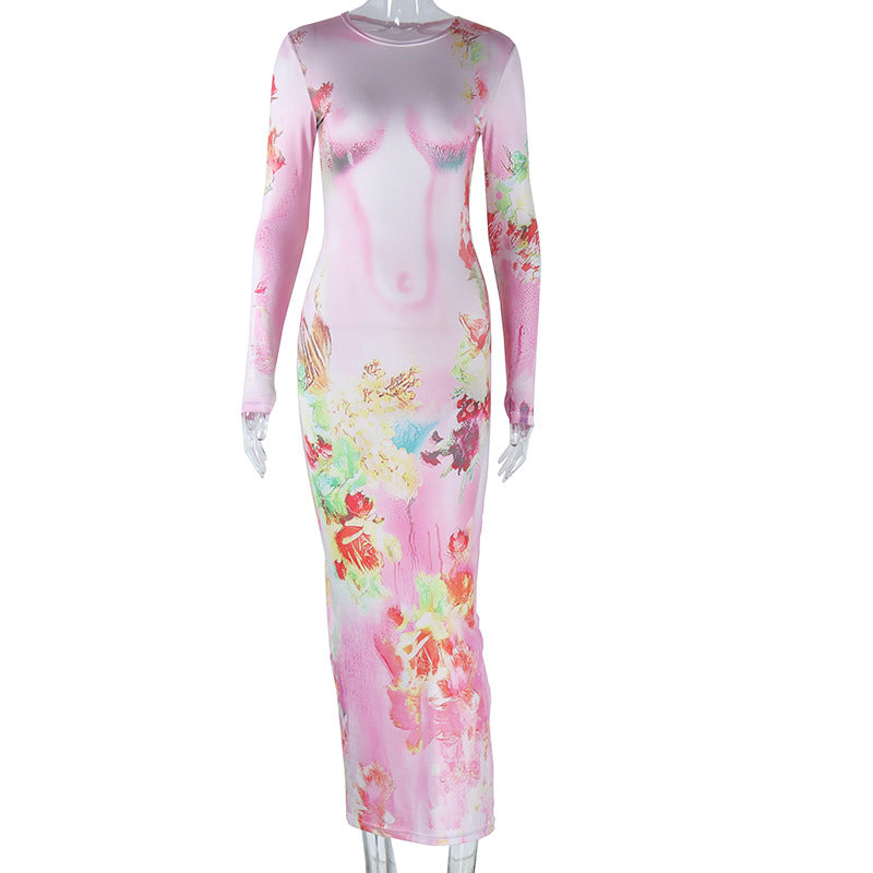 Floral Print Long Sleeve Bodycon Dress Casual Street Style