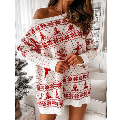 Knitted Sweater Women Christmas Jacquard Loose Knit Long Sleeves