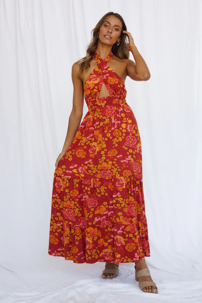 New Women'S Sexy Lace-Up Halterneck Split Print Resort Dress