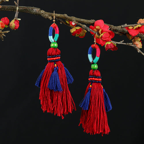 Retro National Style Contrast Color Pommel Earrings Exaggerated Personality Bohemian Holiday Long Tassel Temperament Earrings Women