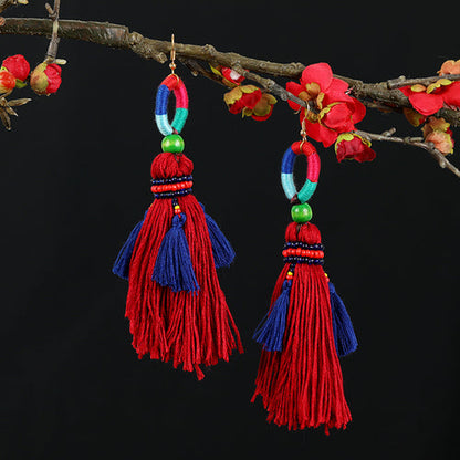 Retro National Style Contrast Color Pommel Earrings Exaggerated Personality Bohemian Holiday Long Tassel Temperament Earrings Women