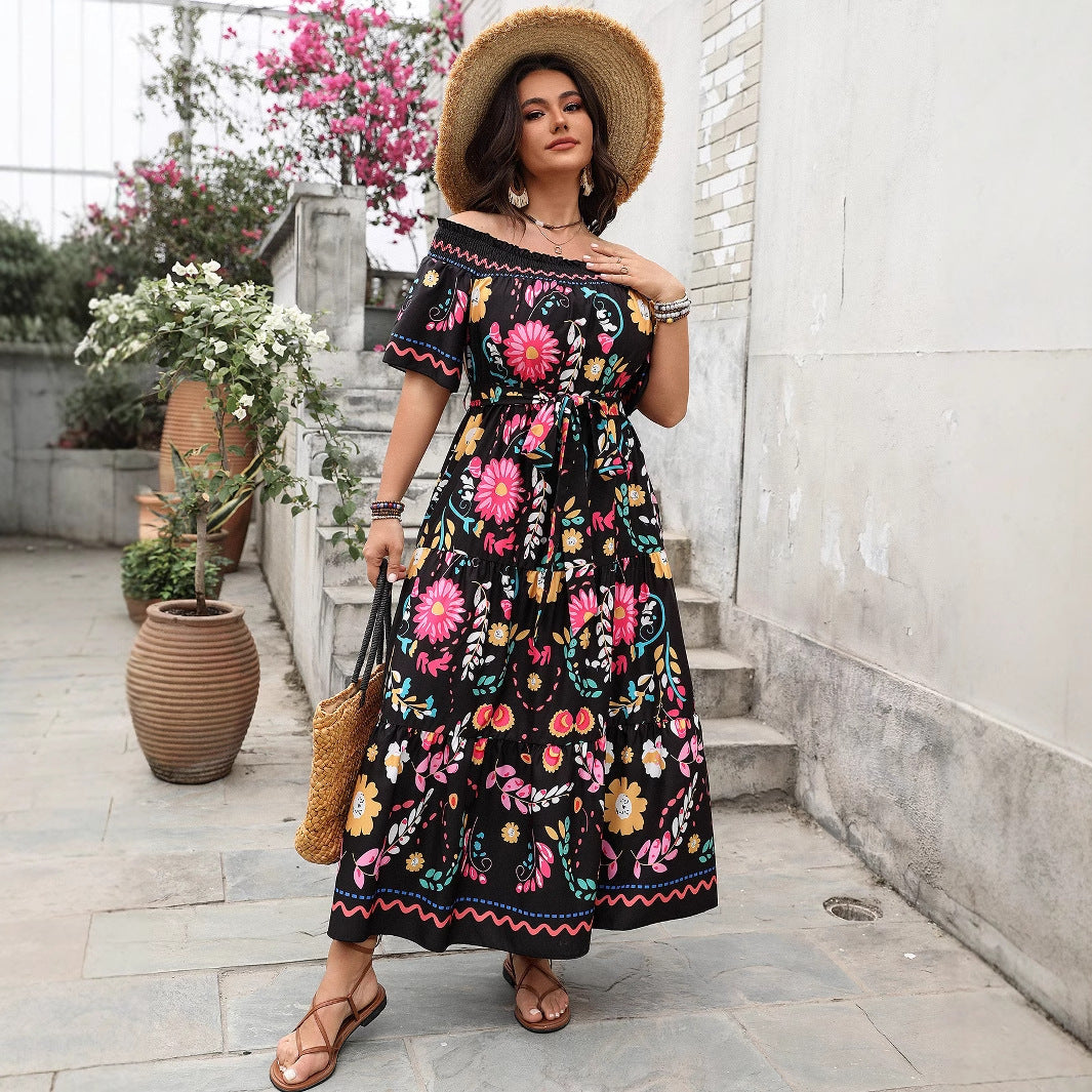Elegant Color Block Printed Maxi Dress With Off-The-Shoulder Design