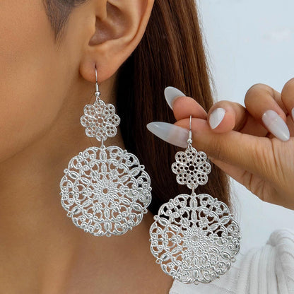 Vintage Geometric Metal Hoop Earrings With Floral Patterns