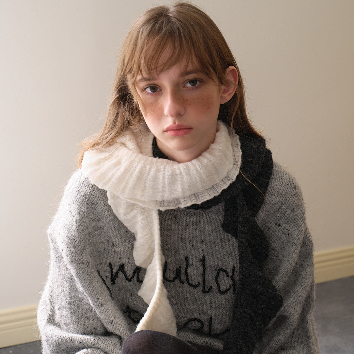 Y2K Style Ruffled Wool Blend Knit Scarf for Women