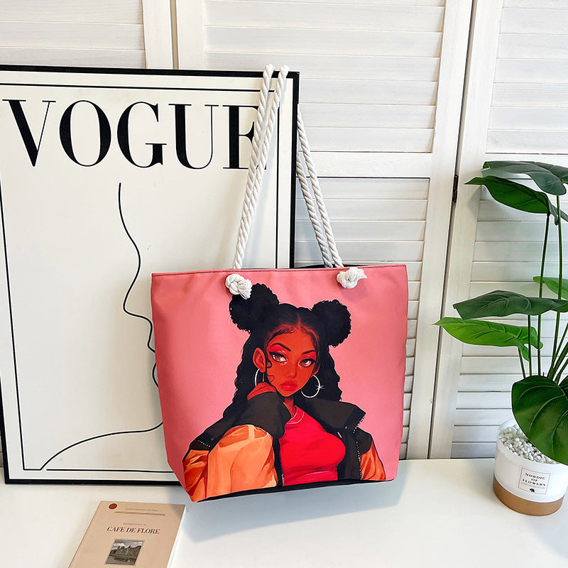 Classic Outdoor Canvas Tote Bag with Cartoon Print