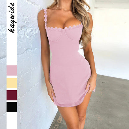Elegant Strap Dress With A-Line Skirt And Lace Detailing