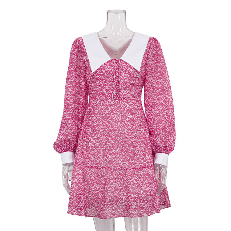Elegant Doll Collar Long Sleeve A-Line Dress With Animal Print