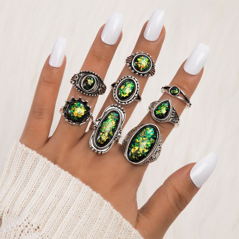 Bohemian Style Carved Feather Turquoise Ring Set