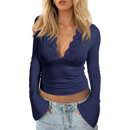 V-Neck Lace Trim Long Sleeve Top Sexy Slim Fit Street Style