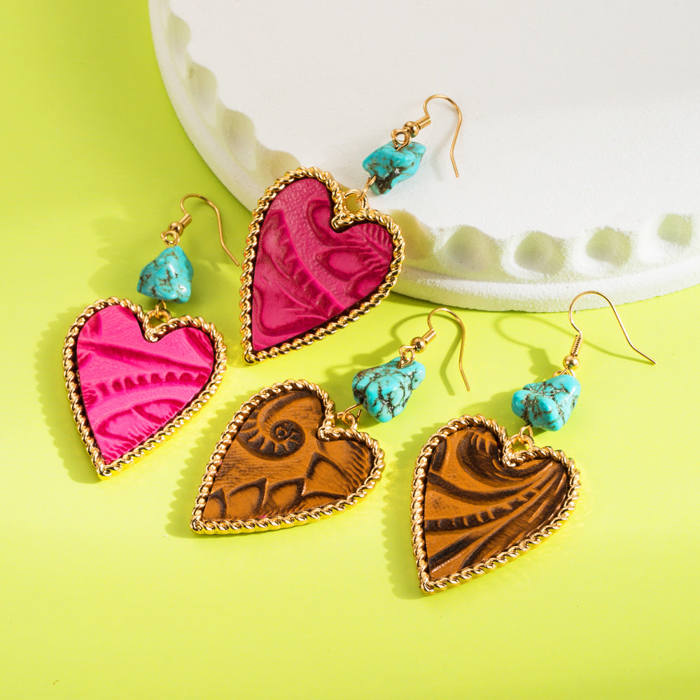 Heart-Shaped Turquoise and Leather Alloy Earrings for Women