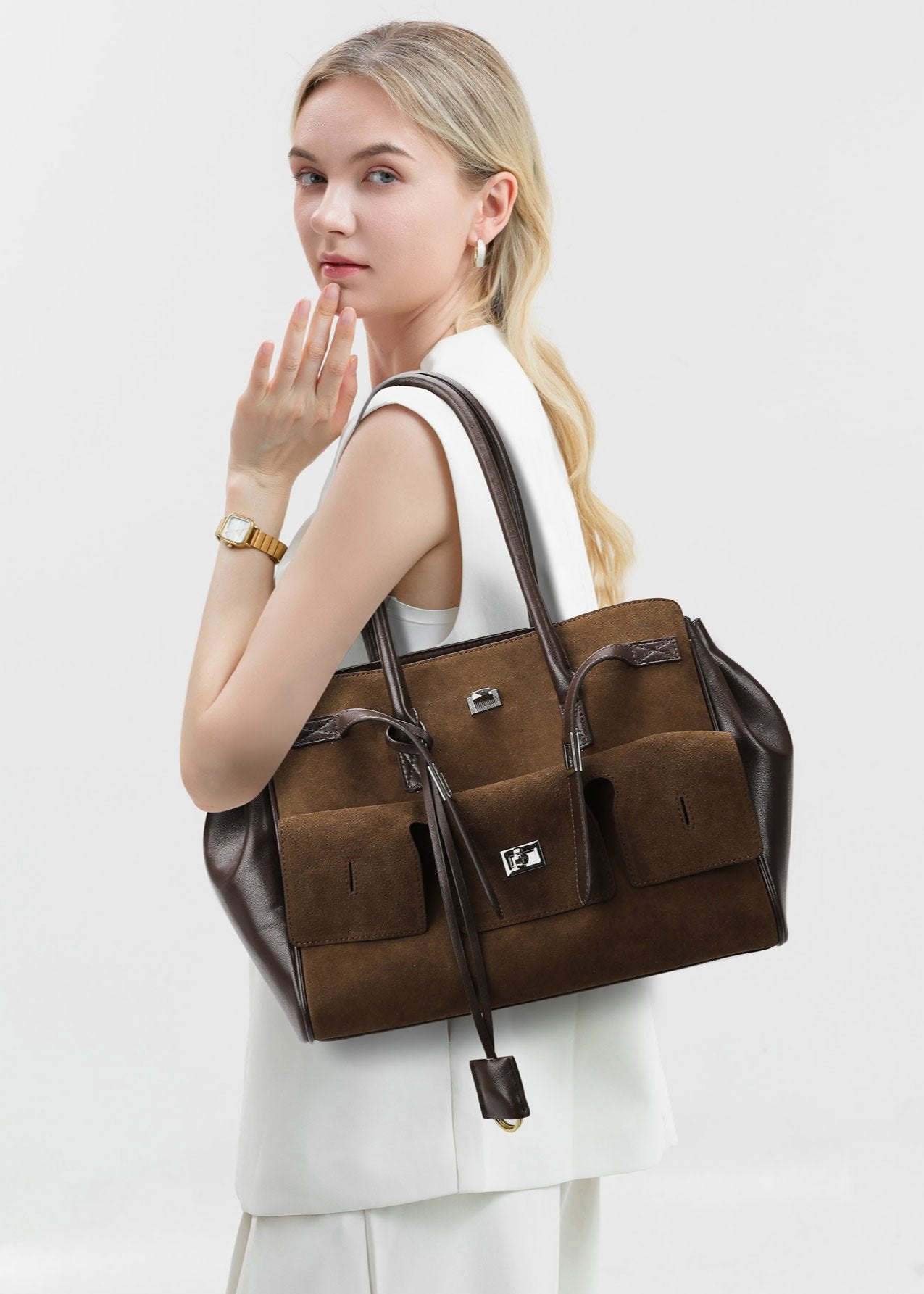 Leather Suede Tote Bag Vintage Two Tone