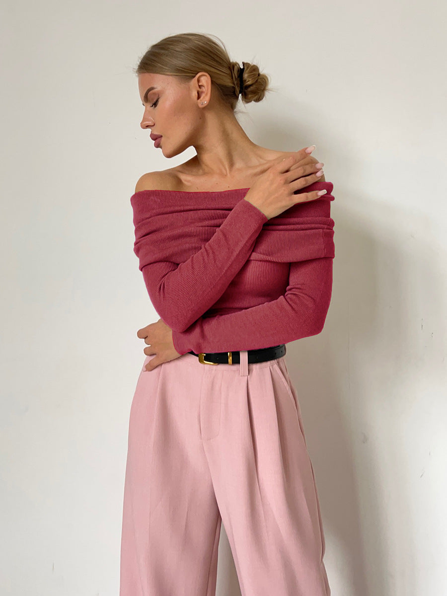 Off-Shoulder Knitted Top Slim Fit Solid Color Long Sleeve Pullover