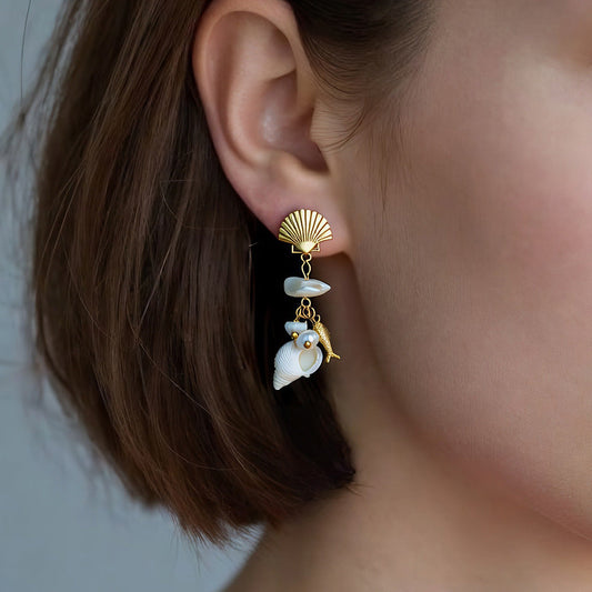 Shell Inspired Geometric Stainless Steel Pearl Earrings for Elegant Casual Wear