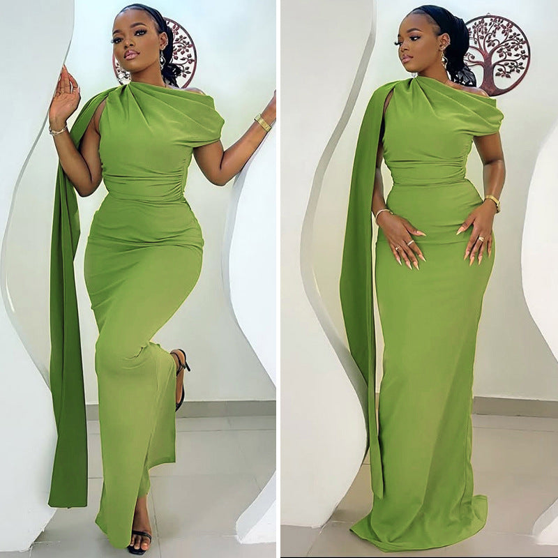 Elegant One-Shoulder Midi Dress Crafted From Milk Silk
