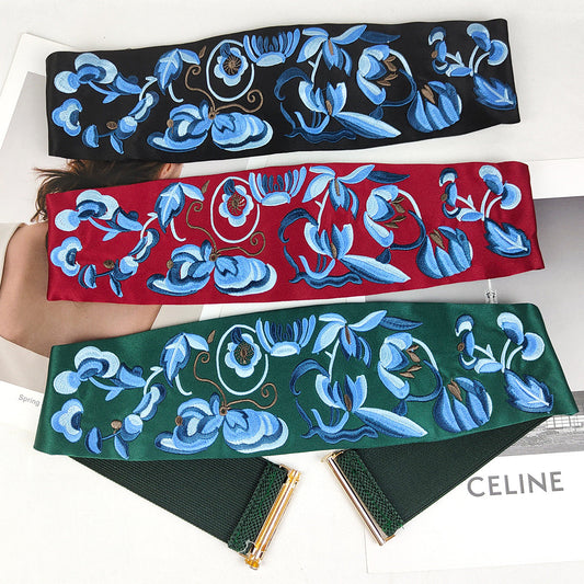 Ancient Style Embroidery Waist Seal Women'S Elastic Wide Belt Decoration Fashion And Versatile Embroidery Ethnic Style Belt