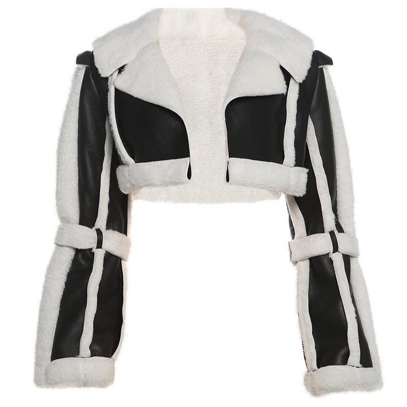 Trendy Cropped Pu Leather Jacket With Faux Fur Collar