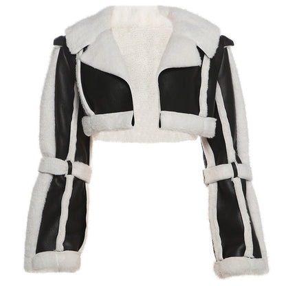 Trendy Cropped Pu Leather Jacket With Faux Fur Collar