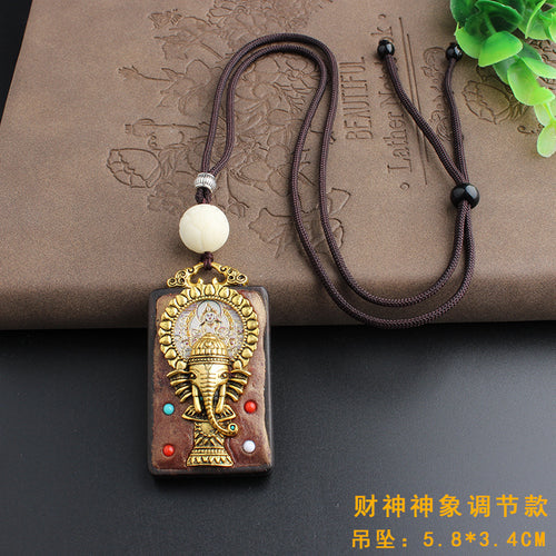 Vintage Ebony Nepal Pendant Fortune Transfer Necklace Long Versatile Ethnic Style Peace Card Pendant Necklace