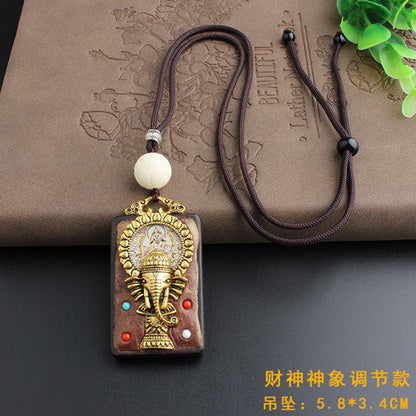 Vintage Ebony Nepal Pendant Fortune Transfer Necklace Long Versatile Ethnic Style Peace Card Pendant Necklace