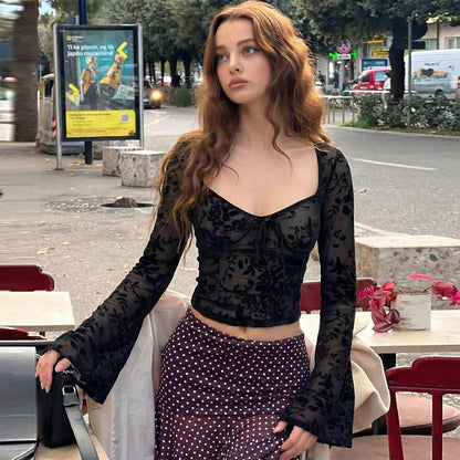 Fashionable Sheer Mesh Long Sleeve T-Shirt for Women
