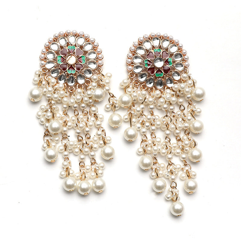 Fashion Retro Exotic Ethnic Style Exaggerated Earrings Palace Style Diamond Pearl Tassel Earrings