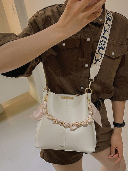 Trendy Candy Color Bucket Bag with Scarf Detailing
