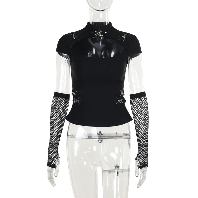 Trendy Dark Aesthetic Long Sleeve T-Shirt with Metal Lock Detailing
