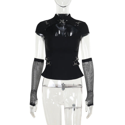 Trendy Dark Aesthetic Long Sleeve T-Shirt with Metal Lock Detailing
