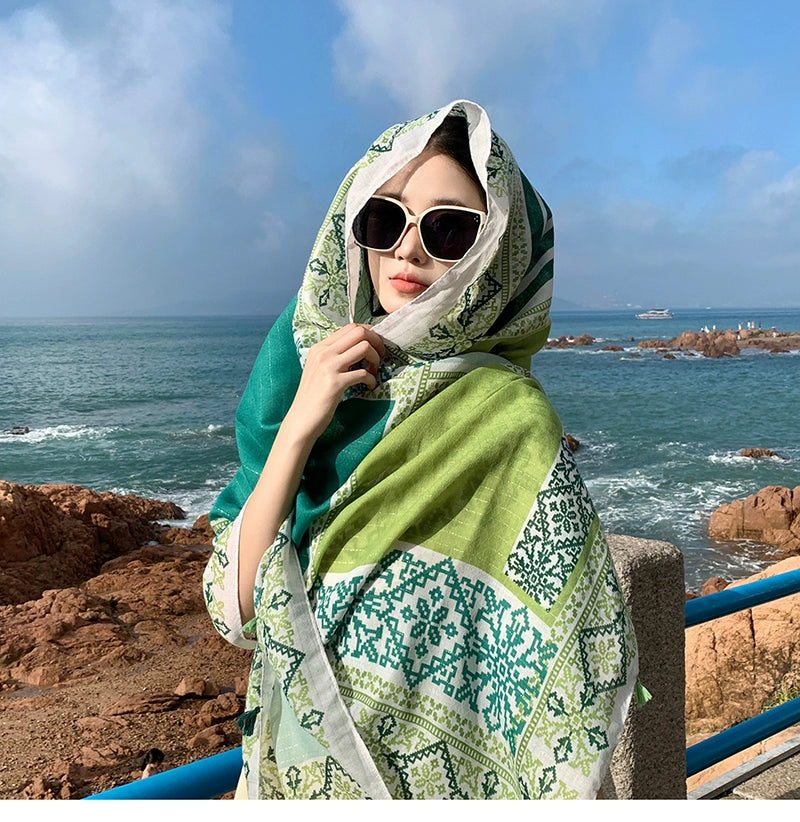 Fresh Green Ethnic Style Silk Scarf Women'S Summer Sunscreen Dual-Purpose Large Shawl Beach Towel Thin Cotton And Linen Scarf Yarn