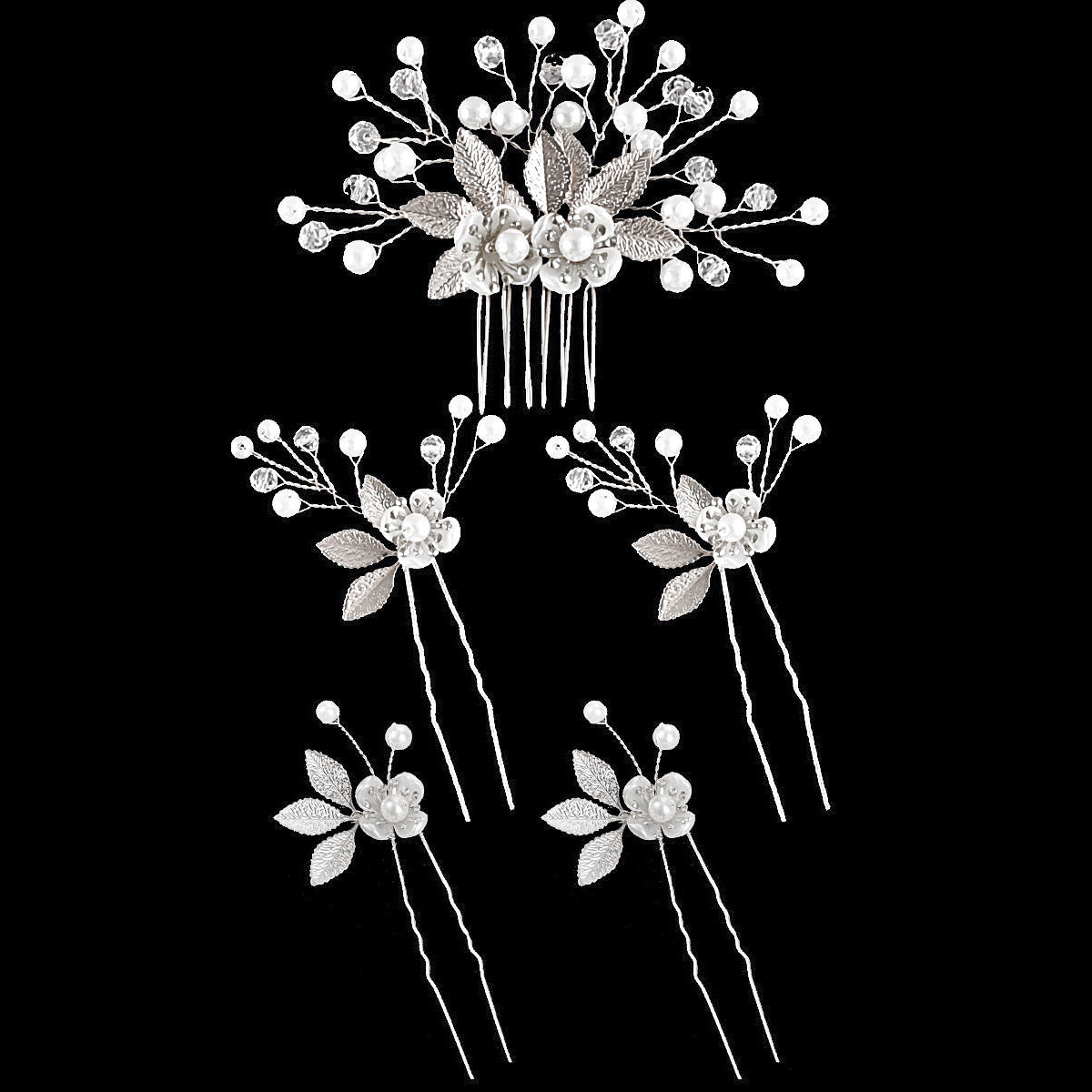 5-Piece Vintage Bridal Hair Clips with Pearls and Gold Leaves
