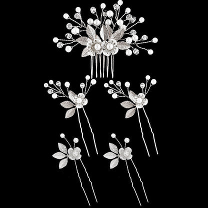 5-Piece Vintage Bridal Hair Clips with Pearls and Gold Leaves